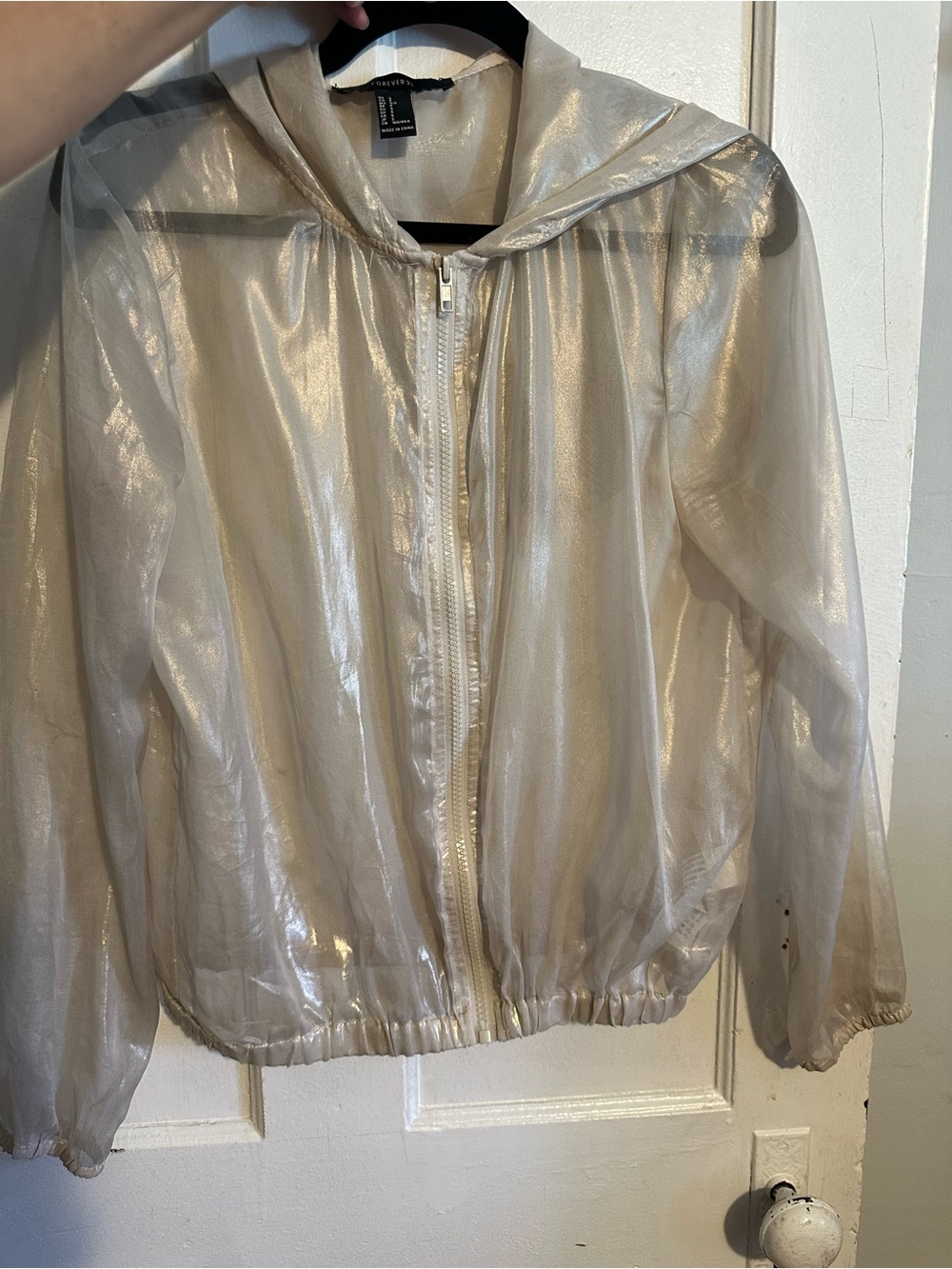 Forever 21 Sheer Metallic Light Gold Hooded Zip Jacket